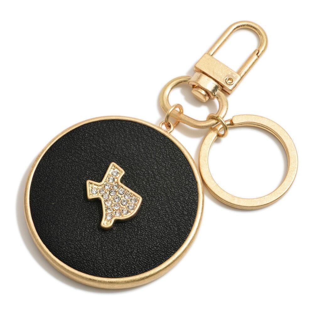 Vegan Leather Texas Keychain Keyring Bag Charm Black Gold Crystal